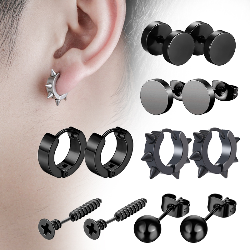 Street Fashion Earrings - 6 쌍 블랙 남여 귀걸이 세트
