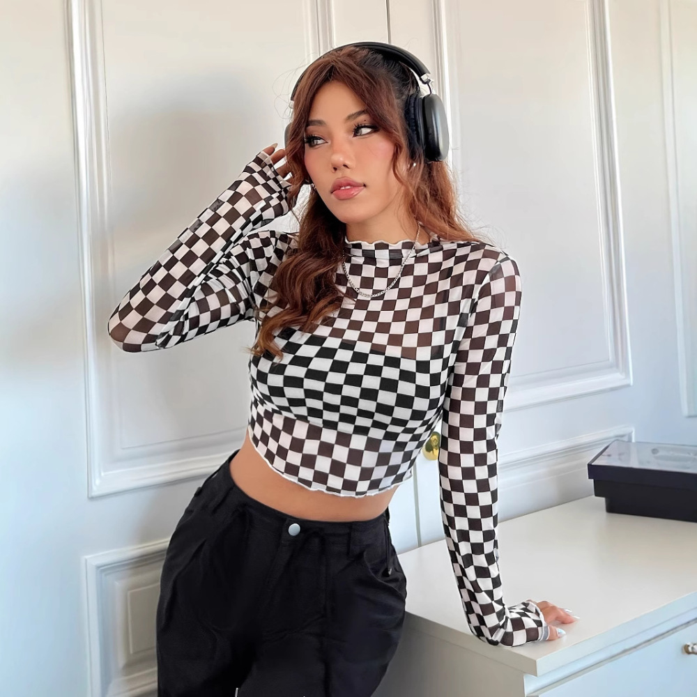 Mesh Top Layering - 2025년 신상 여성용 메쉬 체커보드 티셔츠
