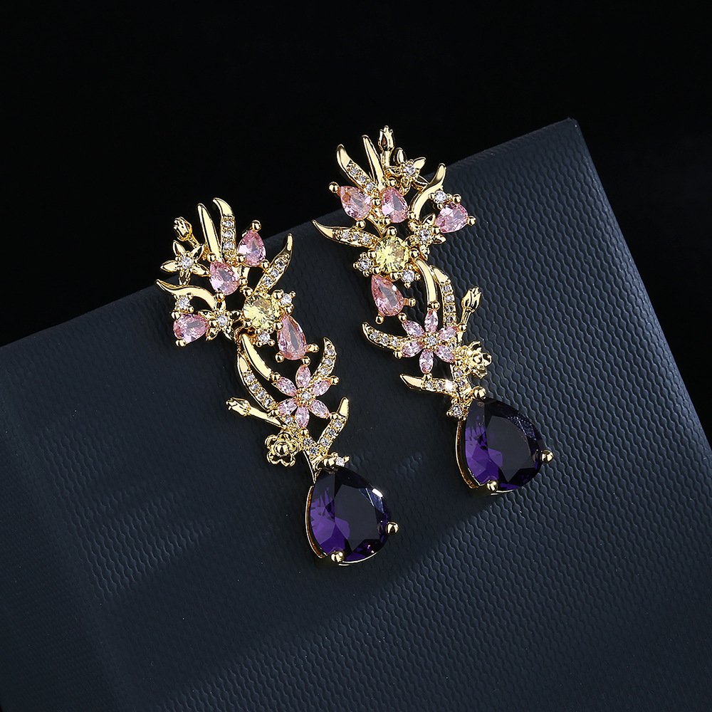 Street Fashion Earrings - 과장된 분위기 지르콘 꽃 귀걸이 패션