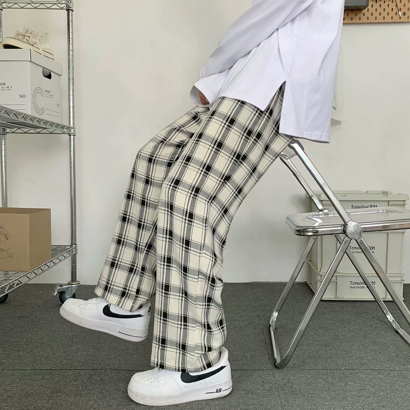 Cargo Pant Wide - 남성 체크무늬 바지 한국 스타일 루즈핏