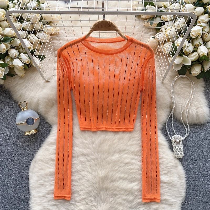 여성용 시크 거즈 메쉬 쉬어 O-넥 긴팔 라인스톤 크롭 - Mesh Top Layering 리뷰 및 가격