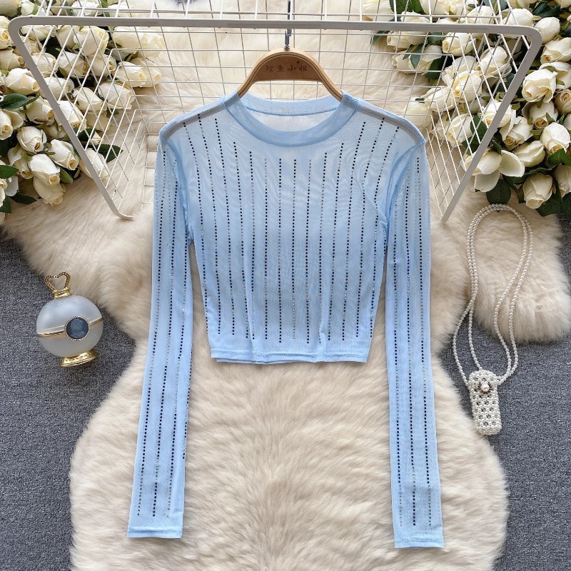 여성용 시크 거즈 메쉬 쉬어 O-넥 긴팔 라인스톤 크롭 - Mesh Top Layering 리뷰 및 가격