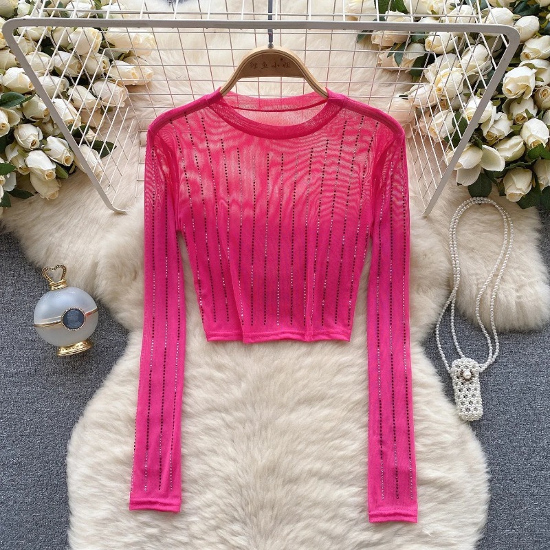 여성용 시크 거즈 메쉬 쉬어 O-넥 긴팔 라인스톤 크롭 - Mesh Top Layering 리뷰 및 가격
