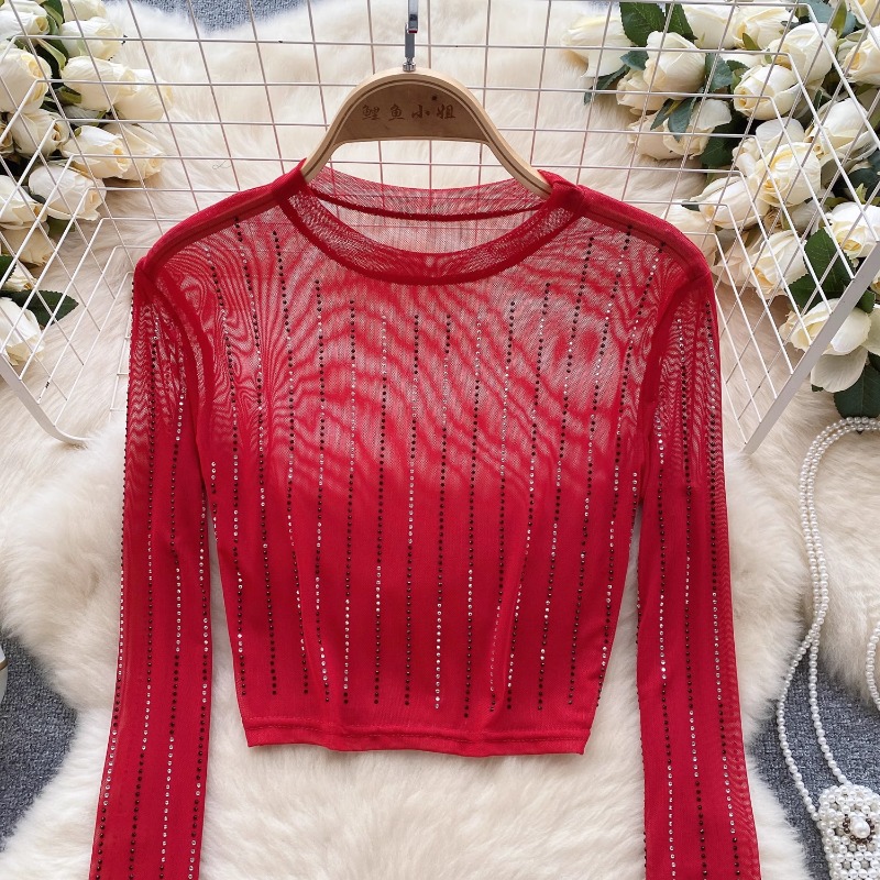 여성용 시크 거즈 메쉬 쉬어 O-넥 긴팔 라인스톤 크롭 - Mesh Top Layering 리뷰 및 가격
