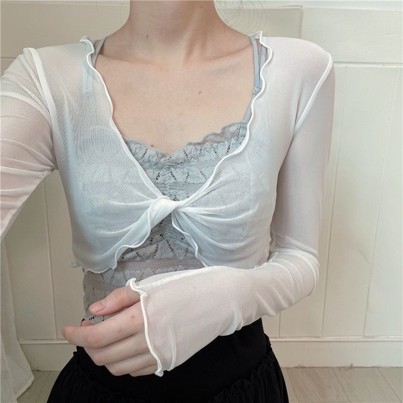 여성용 메쉬 발레 커버업 크로스 프론트 긴팔 스트레치  - Mesh Top Layering 리뷰 및 가격