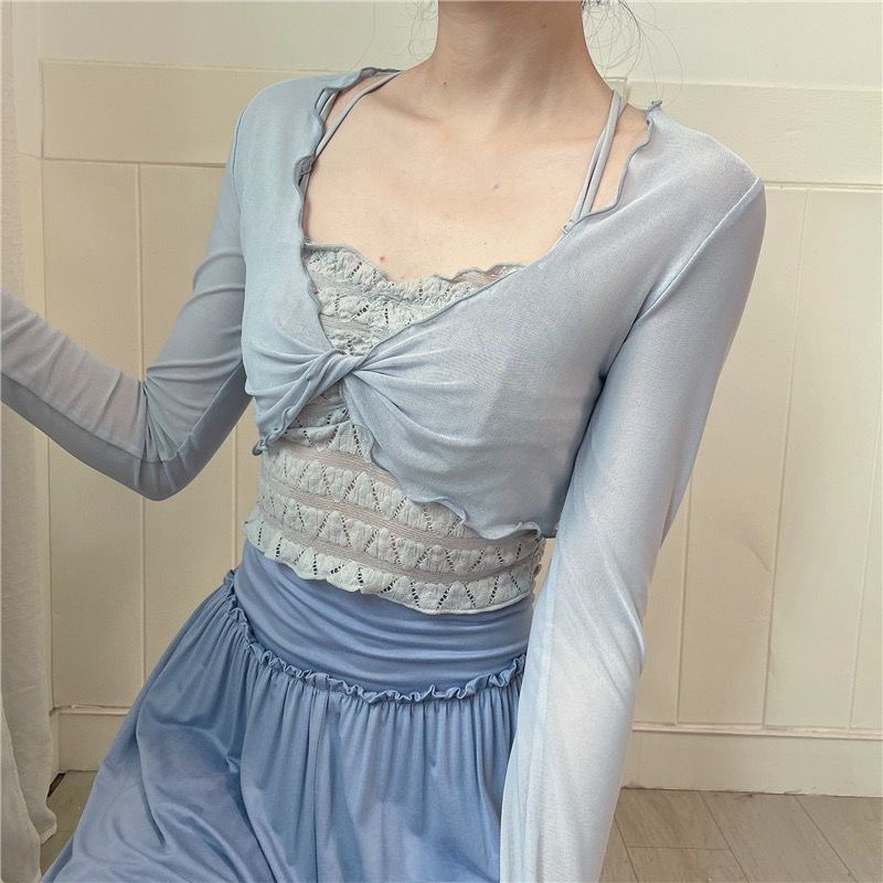 여성용 메쉬 발레 커버업 크로스 프론트 긴팔 스트레치  - Mesh Top Layering 리뷰 및 가격
