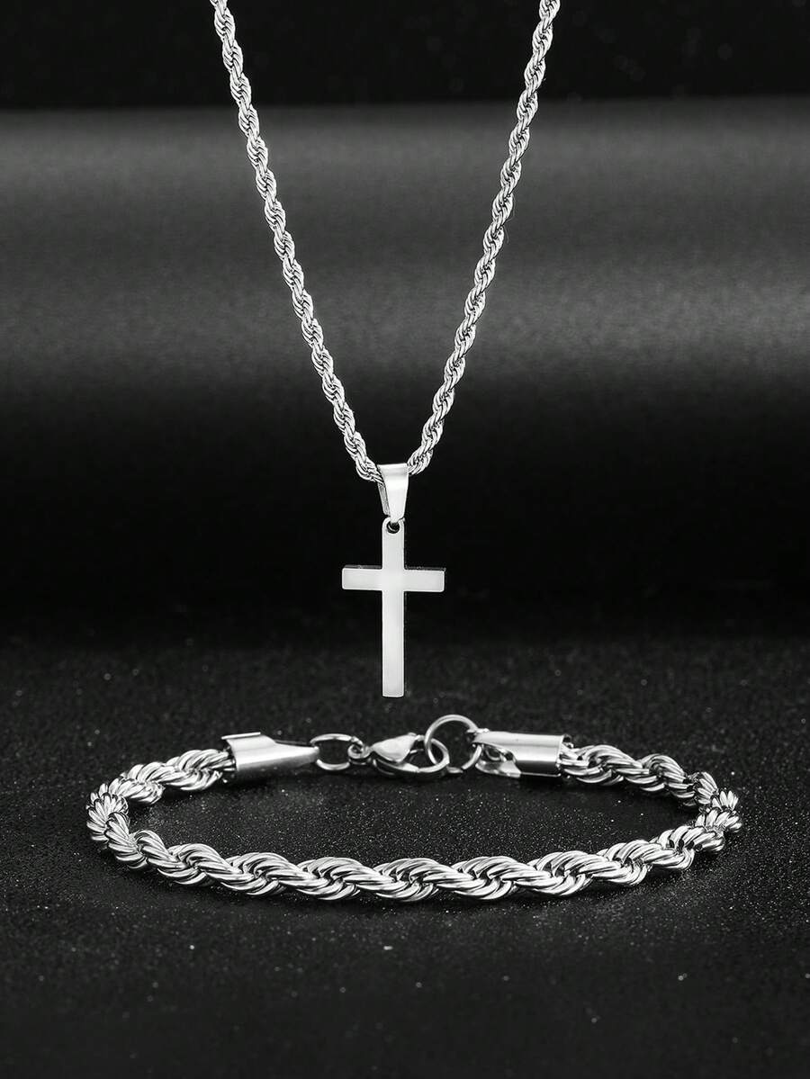 스테인리스 스틸 십자가 펜던트 목걸이와 팔찌 세트, 십 - Street Fashion Jewelry 리뷰 및 가격