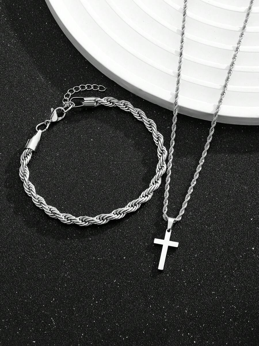 스테인리스 스틸 십자가 펜던트 목걸이와 팔찌 세트, 십 - Street Fashion Jewelry 리뷰 및 가격