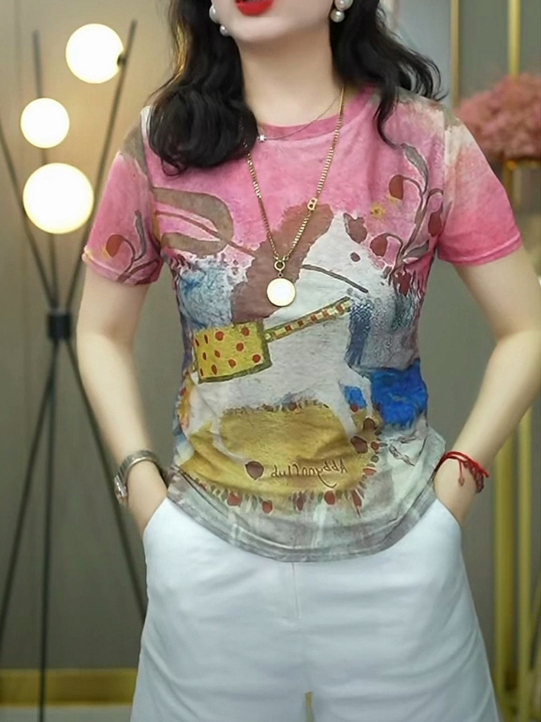 한국 스타일 이중 레이어 메쉬 프린트 반팔 라운드넥 티 - Mesh Top Layering 리뷰 및 가격