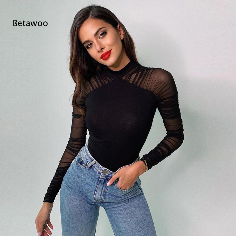 고딕 스타일 솔리드 블랙 메쉬 스플라이스 바디수트 하이 - Mesh Top Layering 리뷰 및 가격