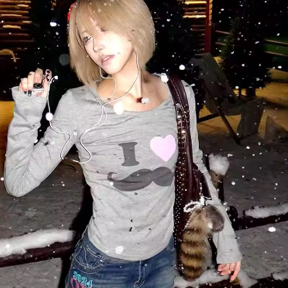 일본 Y2K 수염 프린트 티셔츠 빈티지 하라주쿠 긴팔  - Street Fashion Mood 리뷰 및 가격