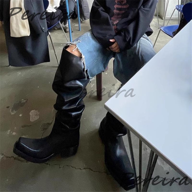 두꺼운 밑창의 무릎 위까지 오는 남녀 공용 블랙 가죽  - Street Fashion Rome 리뷰 및 가격