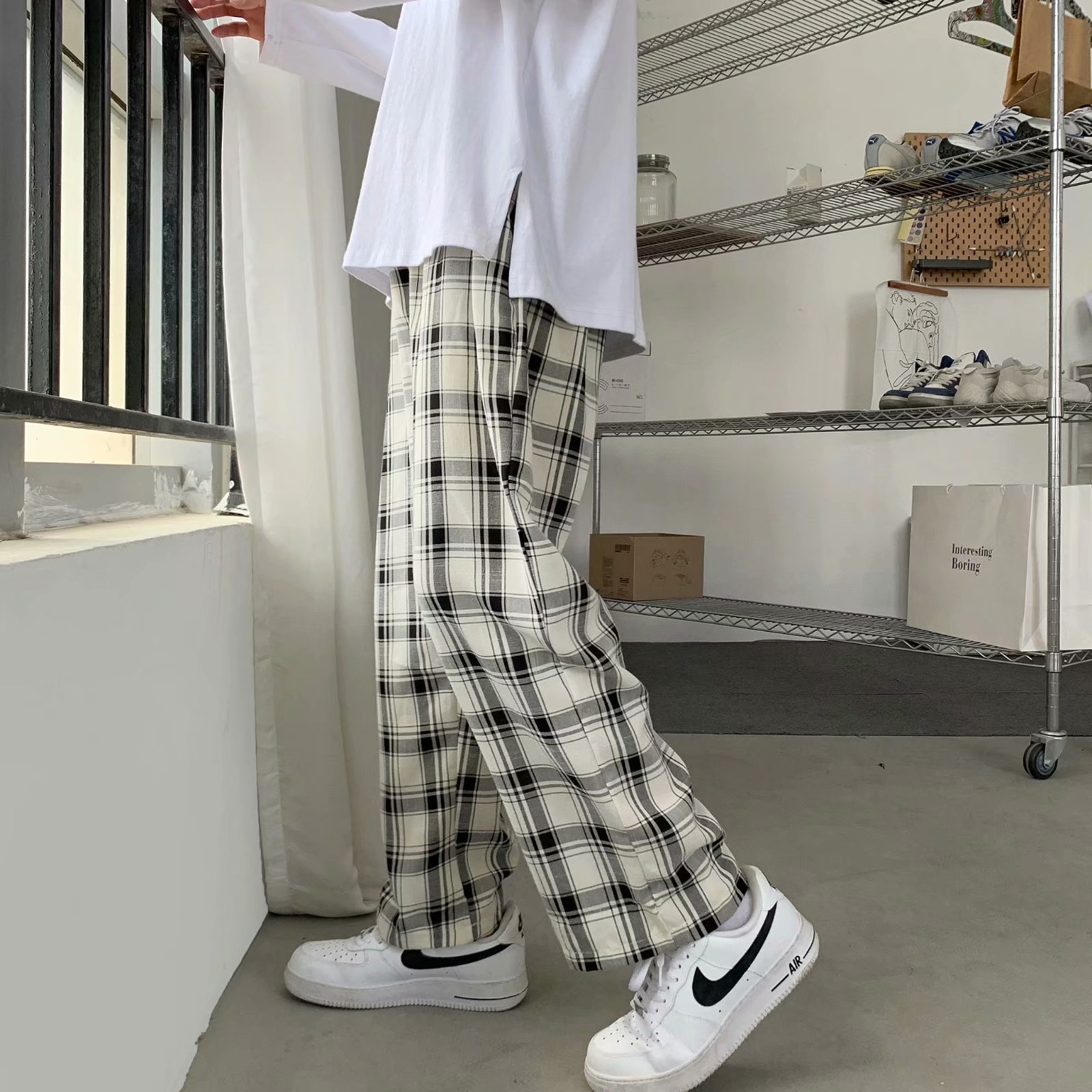 남성 체크무늬 바지 한국 스타일 루즈핏 스트레이트 레그 - Cargo Pant Wide 리뷰 및 가격