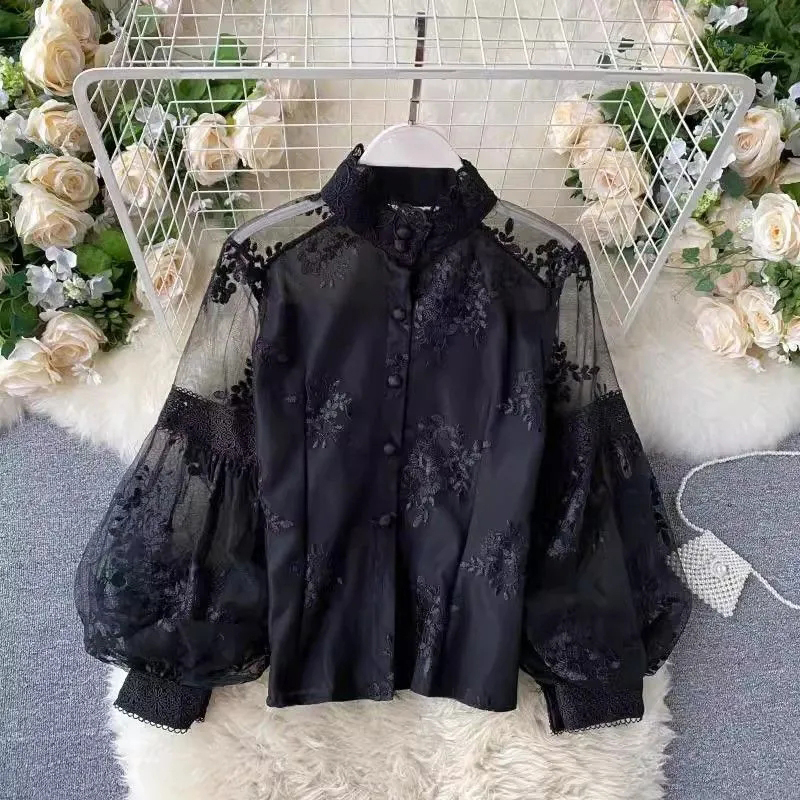 프렌치 빈티지 메쉬 레이스 블라우스 여성 우아한 퍼프  - Mesh Top Layering 리뷰 및 가격